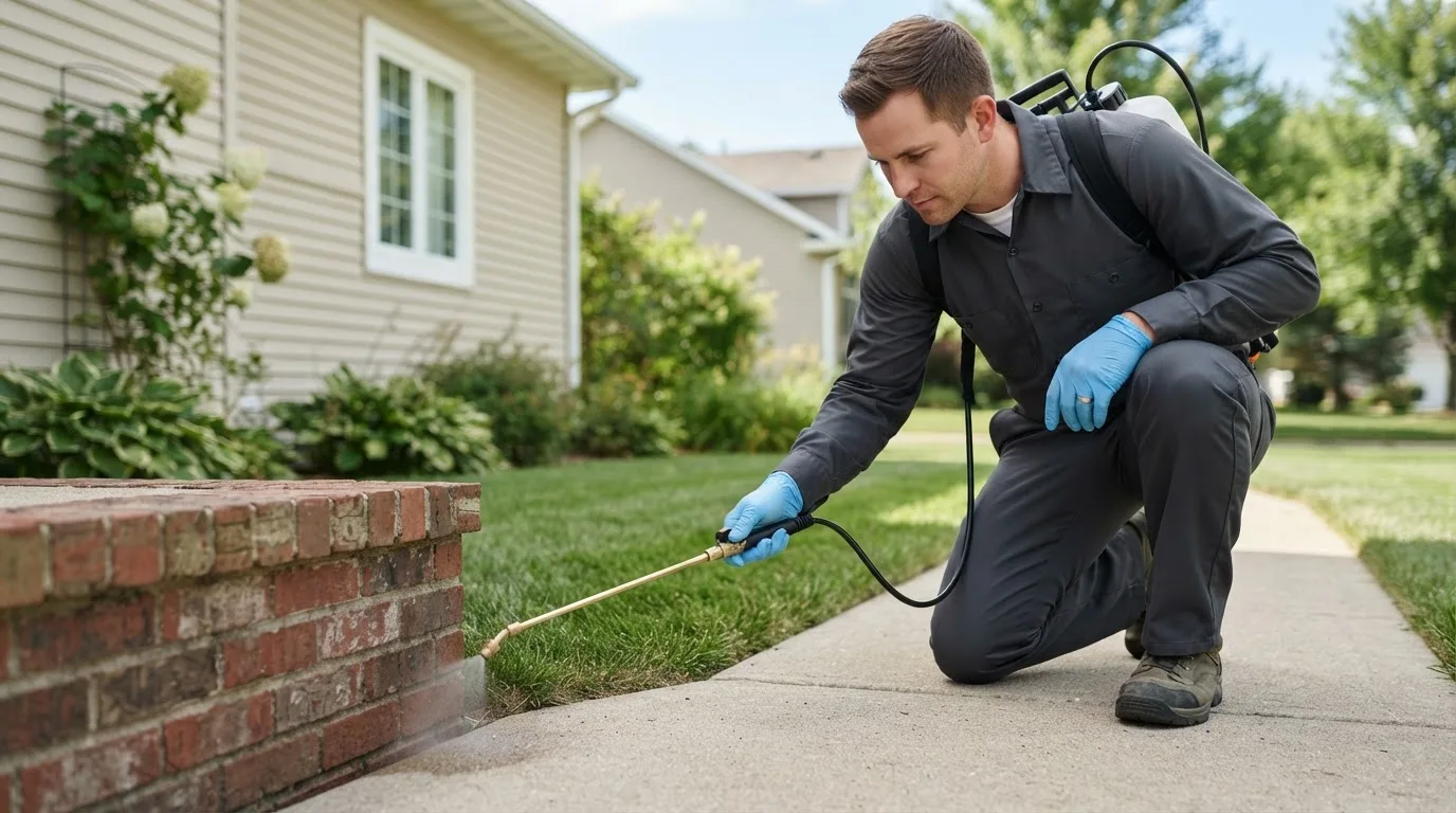 Pest control technician treating a home near Cumberland, WI